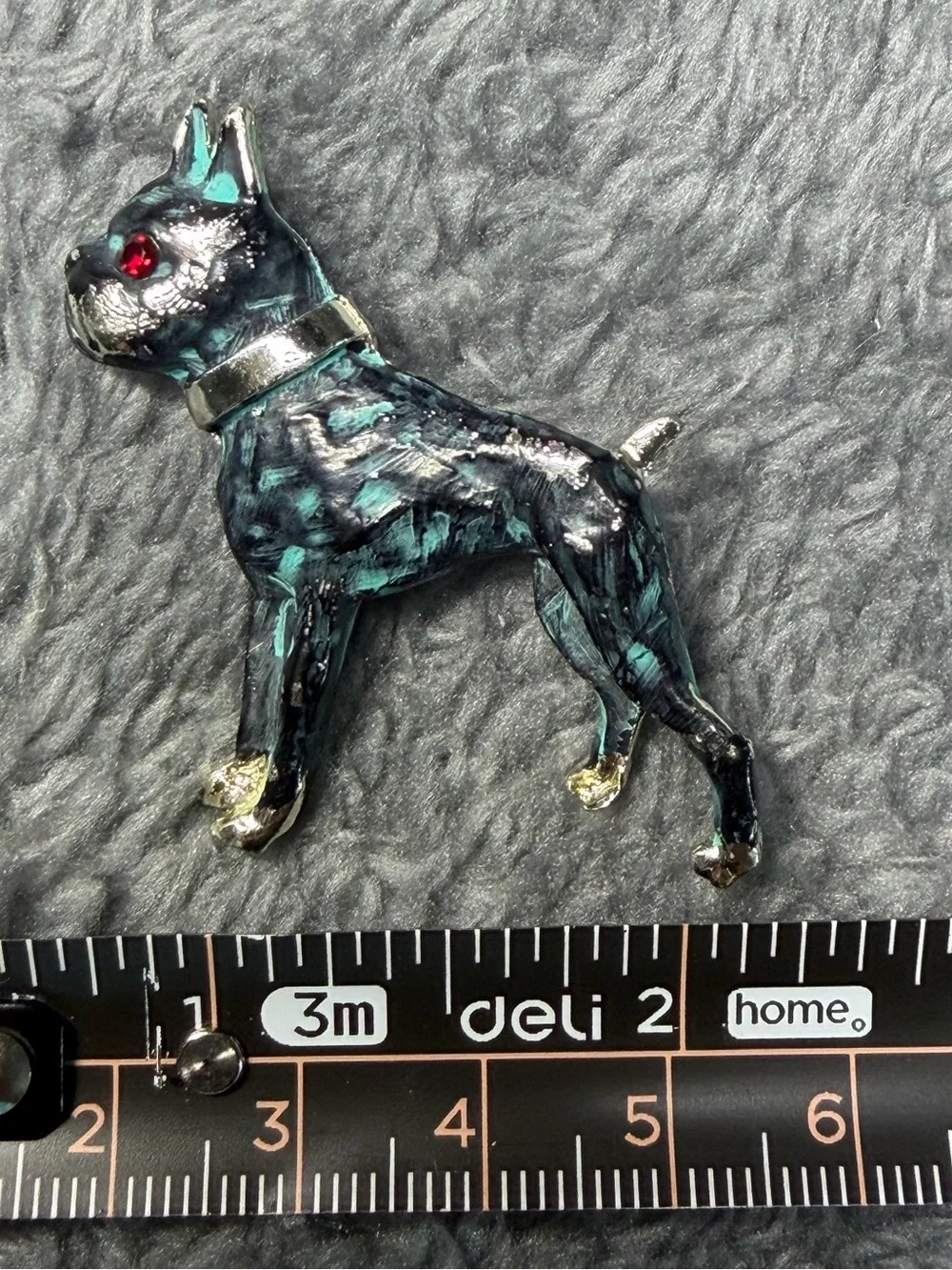 Vintage Boston Terrier Dog Brooch Pin Black Turquoise Marbled Enamel